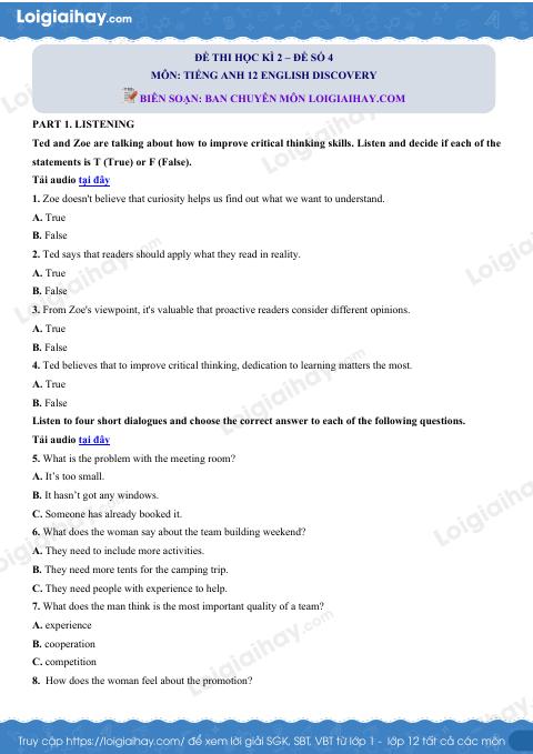 Đề thi học kì 2 Tiếng Anh 12 English Discovery - Đề số 4